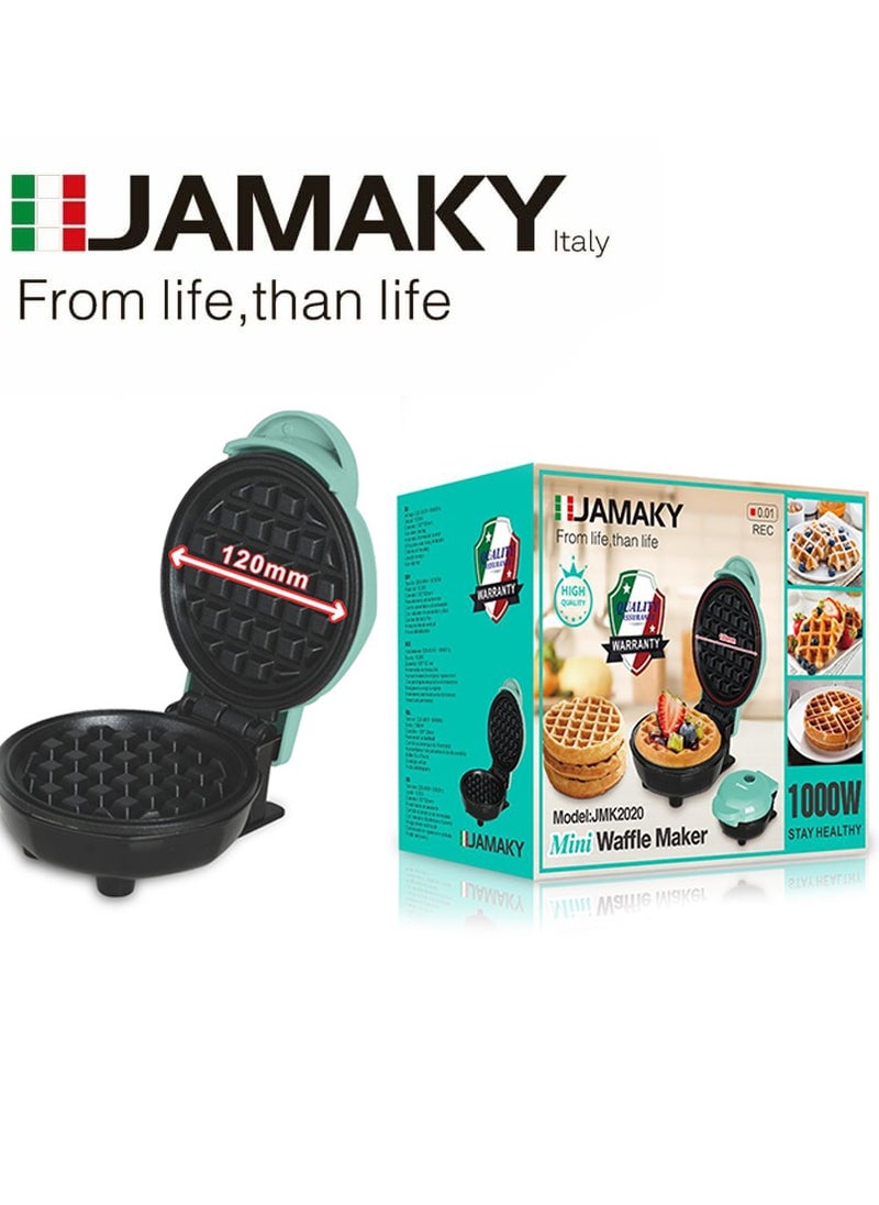 JAMAKY Italy Mini Waffle Maker 1000W with Italian technology - JMK 2020 Non-stick Coating Plate Cool Touch Handle 1000W Non-Slip Feet, Round Shape/green  - Image 4
