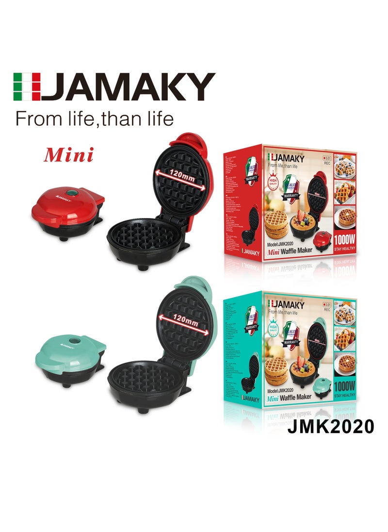JAMAKY Italy Mini Waffle Maker 1000W with Italian technology - JMK 2020 Non-stick Coating Plate Cool Touch Handle 1000W Non-Slip Feet, Round Shape/green  - Image 2