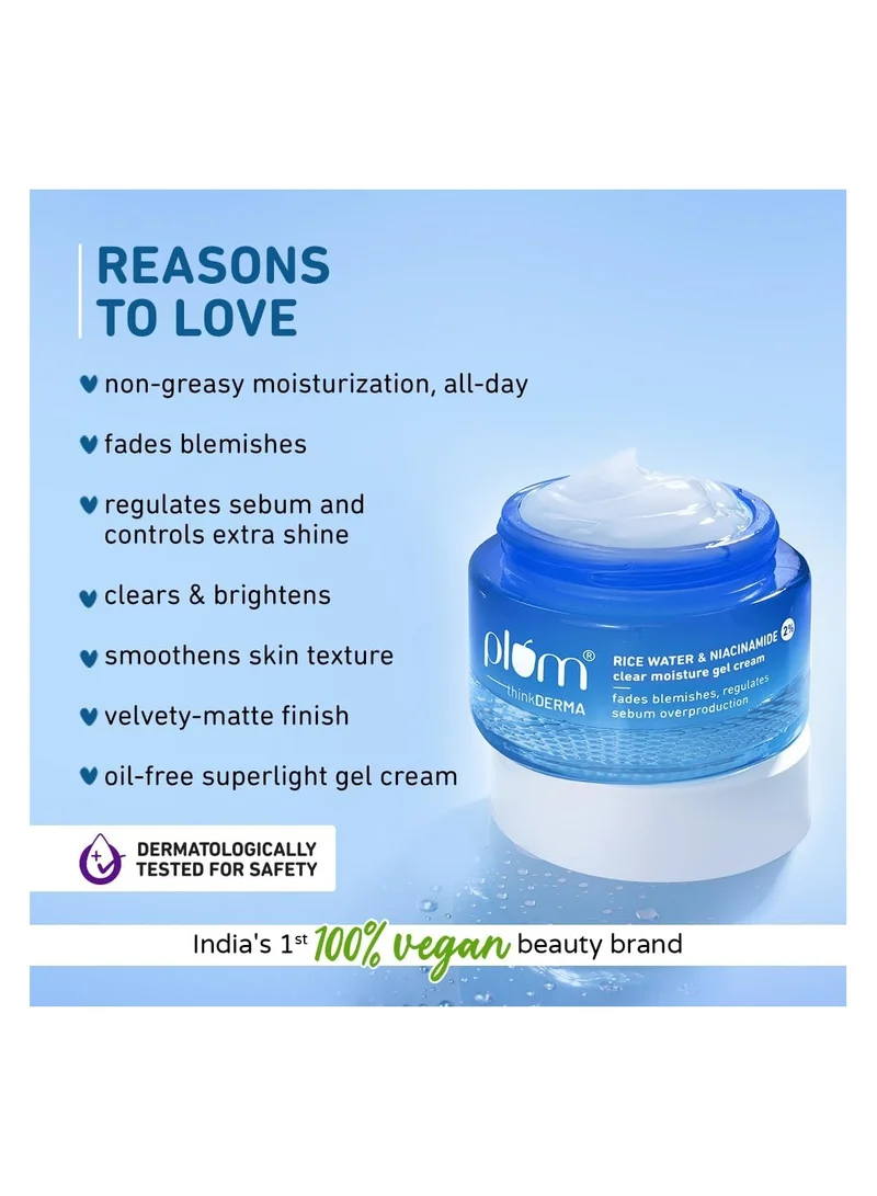 Plum 2% Niacinamide & Rice Water Super Light Gel Cream Moisturizer for Face | Oil-Free Hydration | Brightens, Fades Blemishes | Dermat-Tested | All Skin Types | Women & Men | 100% Vegan | 50 g