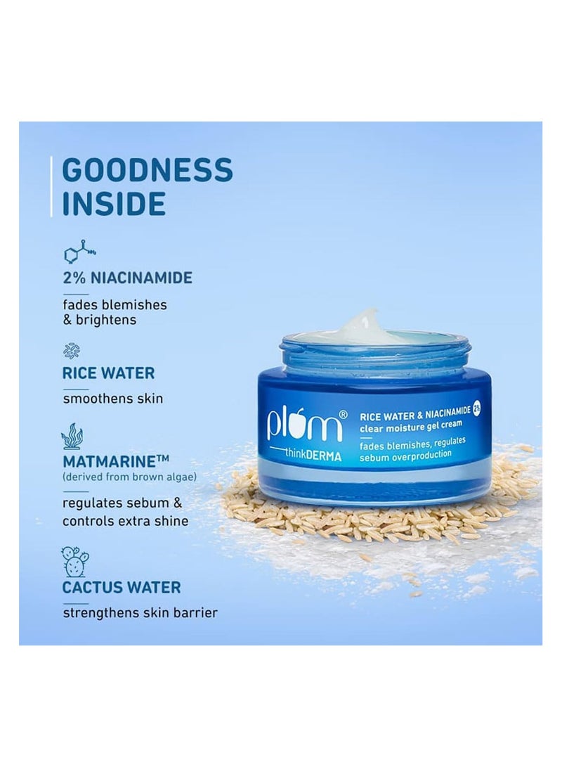 2% Niacinamide & Rice Water Super Light Gel Cream Moisturizer for Face | Oil-Free Hydration | Brightens, Fades Blemishes | Dermat-Tested | All Skin Types | Women & Men | 100% Vegan | 50 g
