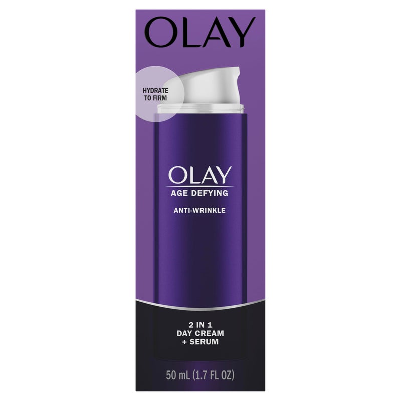 Olay Face Serum, Age Defying Anti-Wrinkle 2-in-1 Day Cream - Anti-Aging, Anti-Wrinkle, Smooths Fine Lines and Wrinkles, Firming, Lifting - Niacinamide, Glycerin, Aloe Vera, 1.7 Oz - Image 1