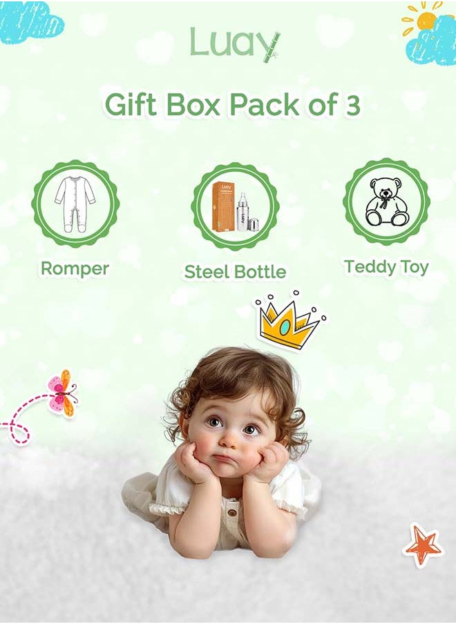 LUAY Premium Gift Box Set with The Baby Romper, Baby Feeding Bottle and Teddy Bear Best Hamper for Babies (0-3 M)  - Image 3