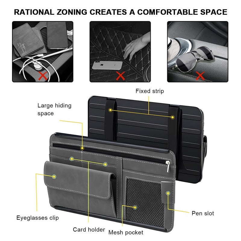 SHMZK Car Sun Visor Organizer, Leather Sun Visor Pocket Organizer Case with Multi-Pocket Net Zipper, Suede Note Holder Car Visor Storage Pouch for Card Pen Sunglasses Document (Black) - Image 4