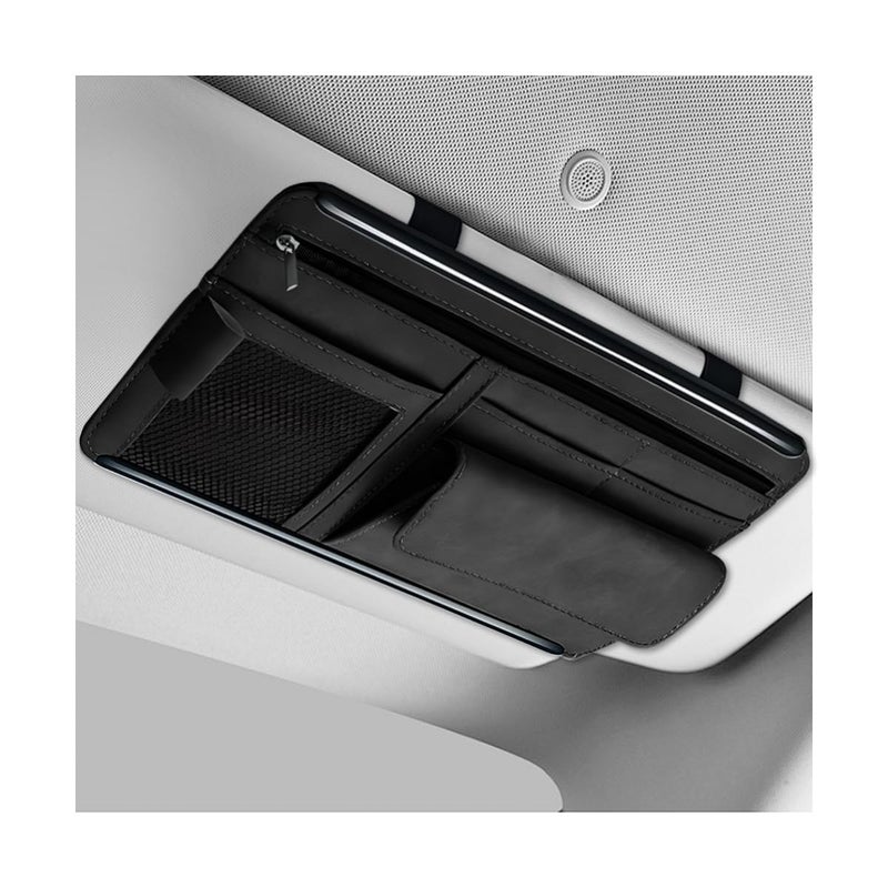 SHMZK Car Sun Visor Organizer, Leather Sun Visor Pocket Organizer Case with Multi-Pocket Net Zipper, Suede Note Holder Car Visor Storage Pouch for Card Pen Sunglasses Document (Black) - Image 1