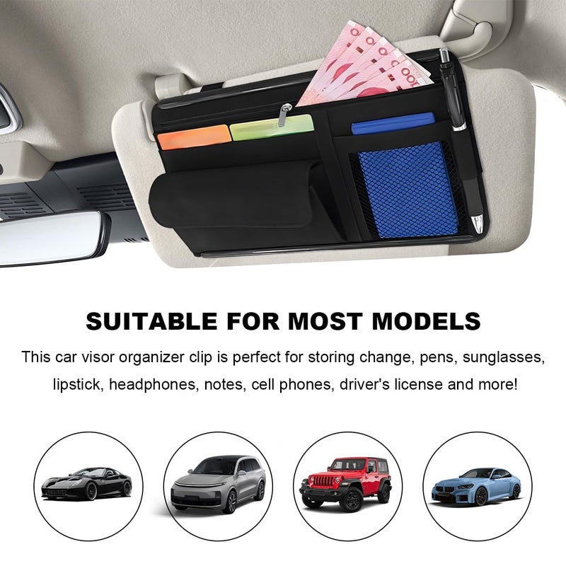 SHMZK Car Sun Visor Organizer, Leather Sun Visor Pocket Organizer Case with Multi-Pocket Net Zipper, Suede Note Holder Car Visor Storage Pouch for Card Pen Sunglasses Document (Black) - Image 5