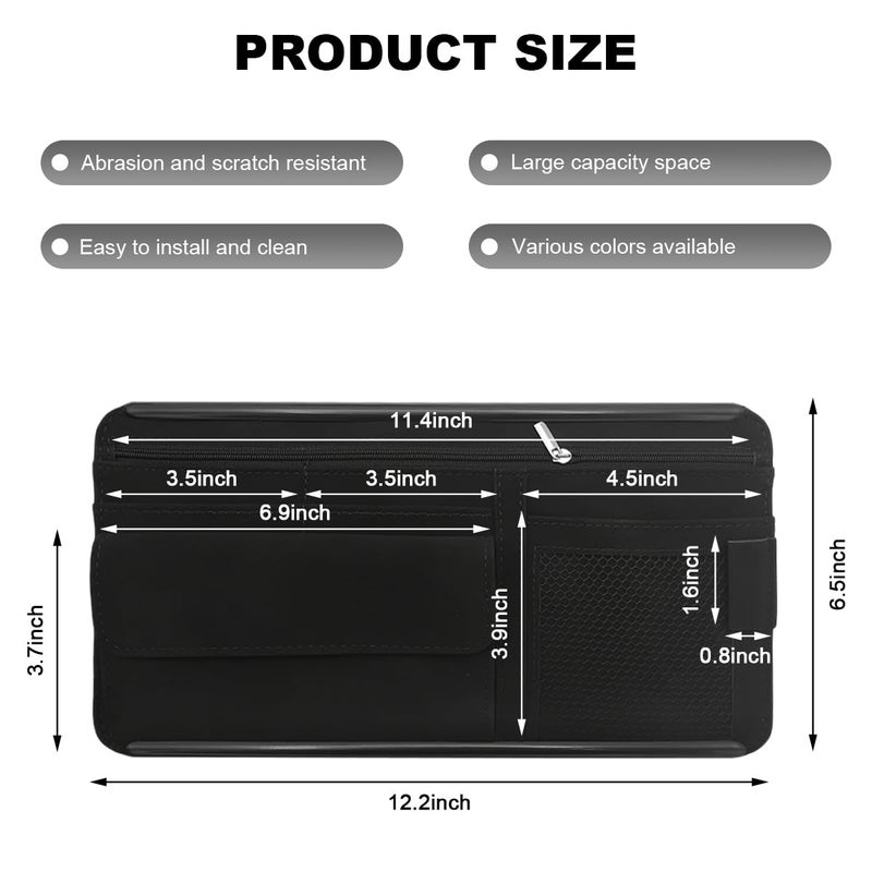 SHMZK Car Sun Visor Organizer, Leather Sun Visor Pocket Organizer Case with Multi-Pocket Net Zipper, Suede Note Holder Car Visor Storage Pouch for Card Pen Sunglasses Document (Black) - Image 2