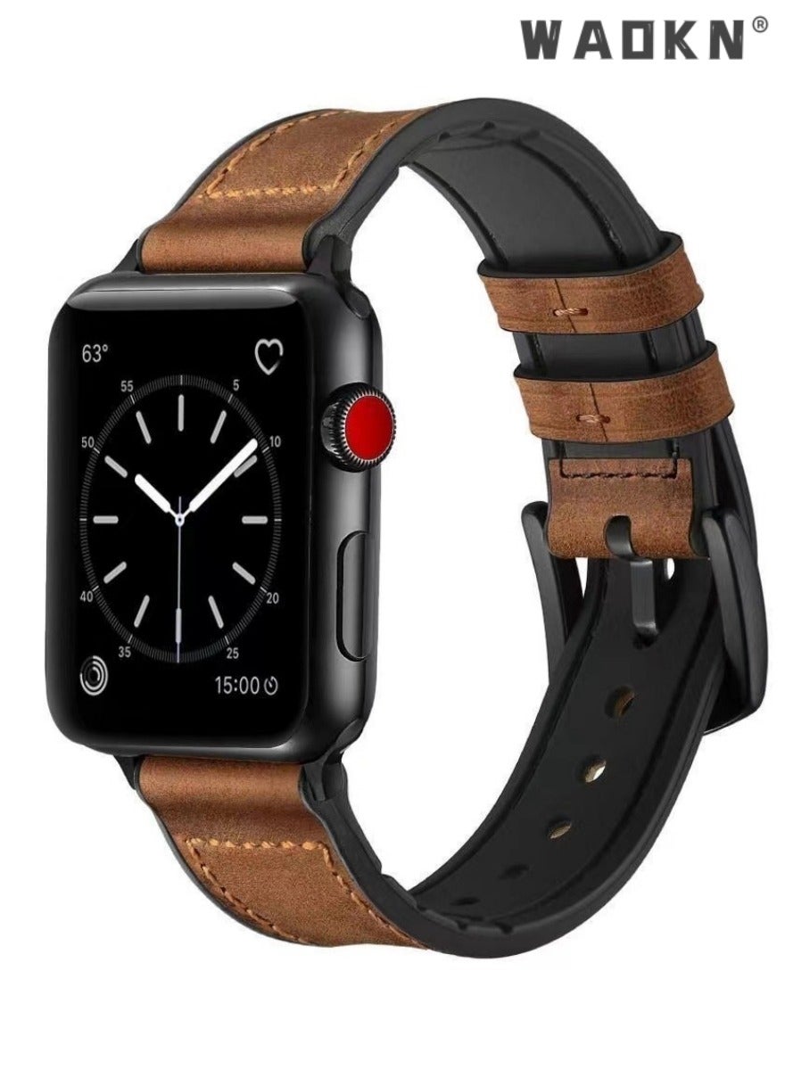 WAOKN Compatible pour Bracelet Apple Watch,Genuine Leather and Soft Rubber Hybrid Sweatproof Strap,Compatible with 49mm 45mm 44mm 42mm, Fits for Apple Watch Ultra 9 8 7 Series, Brown