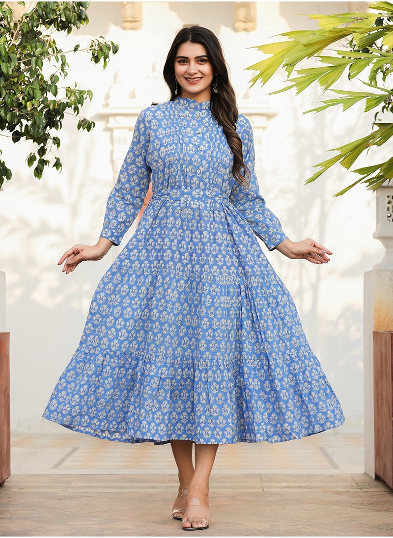 Blue Handblock Print Fit & Flare Midi Dress | Pure Cotton Ethnic Dress - pzsku/ZFDBD49C0A715E4CC8254Z/45/1741152991/bd491de4-1870-46ad-b1d4-71fd9f162030