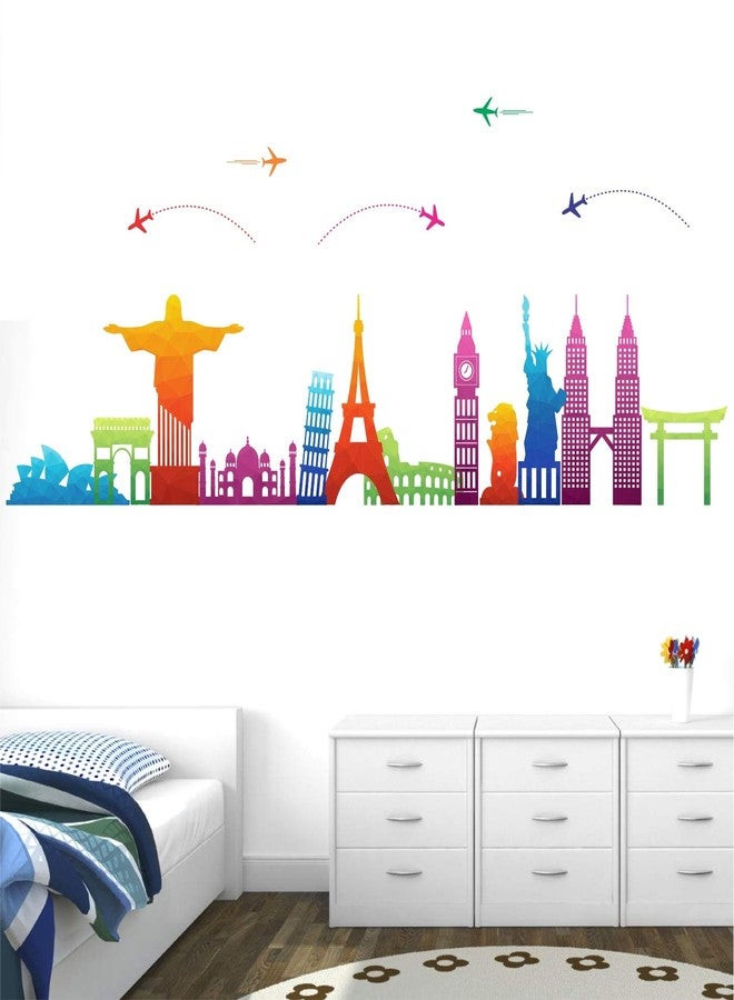 StickMe 'Travel Around The World - World Wonders - Trip - Tour - Journey - Airplane - Decorative - Creative - Colorful - Wall Sticker' -SM714 (Multi Colour, Vinyl - 185cm X 75 cm) - Image 1