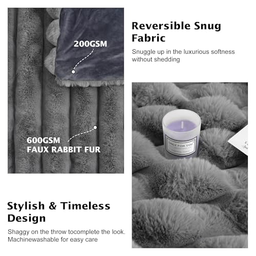 VFROO Faux Fur Throw Blanket for Couch, 850GSM Cozy Soft Plush Thick Striped Luxury Blanket for Sofa Living Room Bedroom,50 * 60 Inches, Grey - Image 4