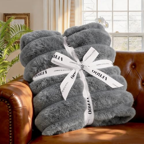 VFROO Faux Fur Throw Blanket for Couch, 850GSM Cozy Soft Plush Thick Striped Luxury Blanket for Sofa Living Room Bedroom,50 * 60 Inches, Grey - Image 3