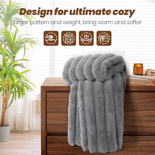 VFROO Faux Fur Throw Blanket for Couch, 850GSM Cozy Soft Plush Thick Striped Luxury Blanket for Sofa Living Room Bedroom,50 * 60 Inches, Grey - Image 5