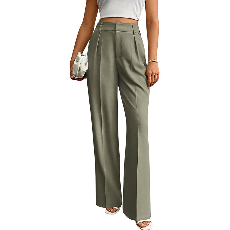 Europe and the United States cross-border high waist suit pants Amazon new womens casual loose straight business commuter wide leg pants women Army green 