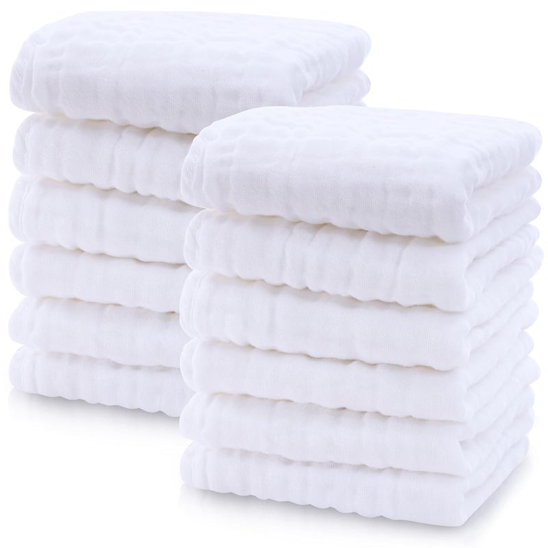 Cute Castle 12 Pack Muslin Baby Washcloths  Large 12 by 12  Ultra Soft 100 Cotton  Super Absorbent Burp Cloths for Unisex Boy Girl White - Image 1