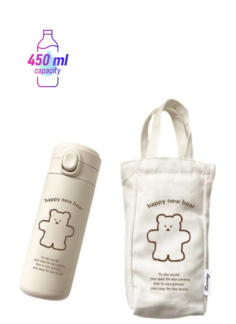 GUDOO - Thermos Water Bottle Kawaii Bear Thermal Water Bottle Leak Proof Insulated Water Bottle Portable Stainless Steel Thermal Bottle with Cloth Cover Hot or Cold Drinks - Image 1