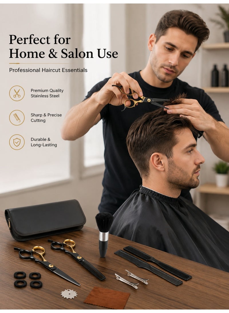 Professional Hair Cutting Scissors Set with Thinning Shears, Comb, Cape and Case, Stainless Steel Barber Kit for Salon & Home Use, Black Gold - Image 3