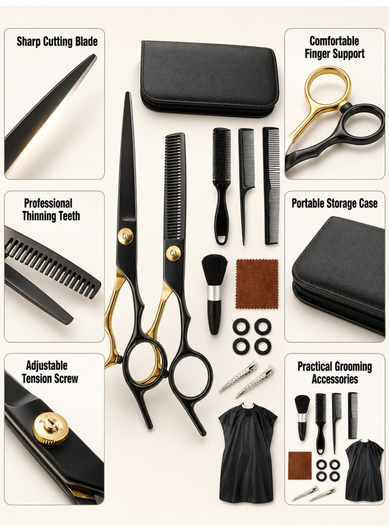 Professional Hair Cutting Scissors Set with Thinning Shears, Comb, Cape and Case, Stainless Steel Barber Kit for Salon & Home Use, Black Gold - Image 4