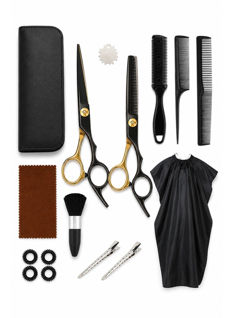 Professional Hair Cutting Scissors Set with Thinning Shears, Comb, Cape and Case, Stainless Steel Barber Kit for Salon & Home Use, Black Gold - Image 1