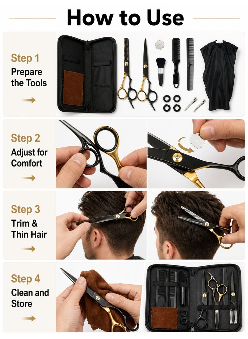 Professional Hair Cutting Scissors Set with Thinning Shears, Comb, Cape and Case, Stainless Steel Barber Kit for Salon & Home Use, Black Gold - Image 5