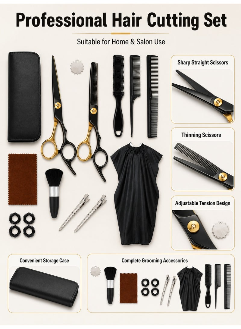 Professional Hair Cutting Scissors Set with Thinning Shears, Comb, Cape and Case, Stainless Steel Barber Kit for Salon & Home Use, Black Gold - Image 2