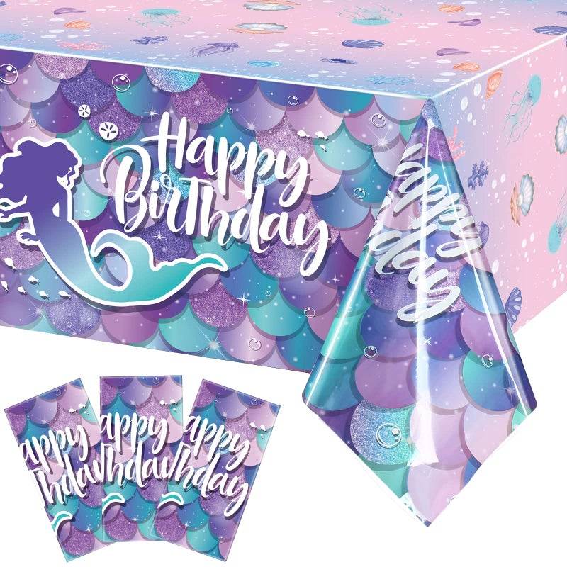 Breling 3 Pcs Mermaid Tablecloth Mermaid Birthday Disposable Table Cloth Decorations Plastic Table Cover for Princess Baby Shower Kids Girls Birthday Party Decoration Supplies 54 x 108 Inch - Image 2