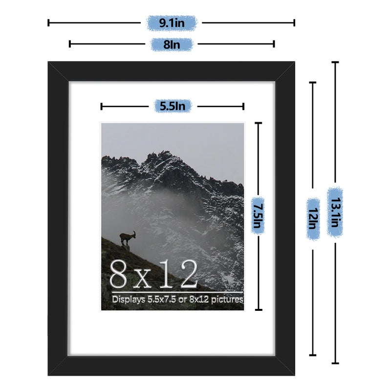 Picrit 8x12 إطار الصورة مجموعة من 7 عرض 6 × 8 مع حصيرة أو 8 × 12 بدون إطارات صور للحصول على تصاعد الجدار أو أعلى عرض الأسود - Image 4