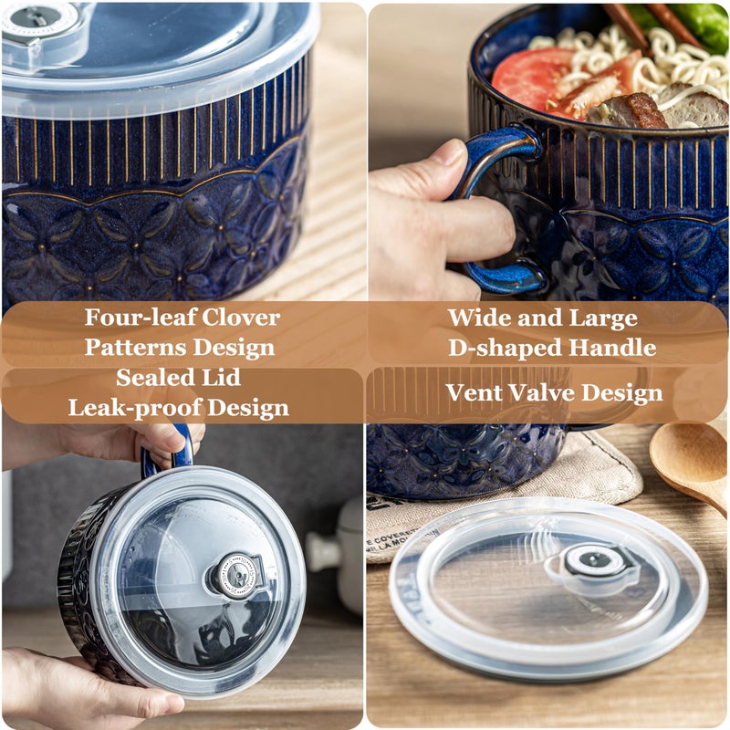 Gomakren Soup Bowl with Handle 39oz, Microwave Ramen Bowl with Lid, Ceramic Soup Container Mug Cup for Ramen Cereal Office Lunch Dorm, Cobalt Blue - Image 3