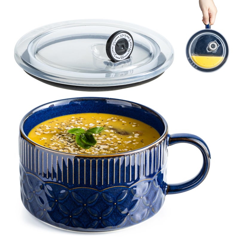 Gomakren Soup Bowl with Handle 39oz, Microwave Ramen Bowl with Lid, Ceramic Soup Container Mug Cup for Ramen Cereal Office Lunch Dorm, Cobalt Blue - Image 1