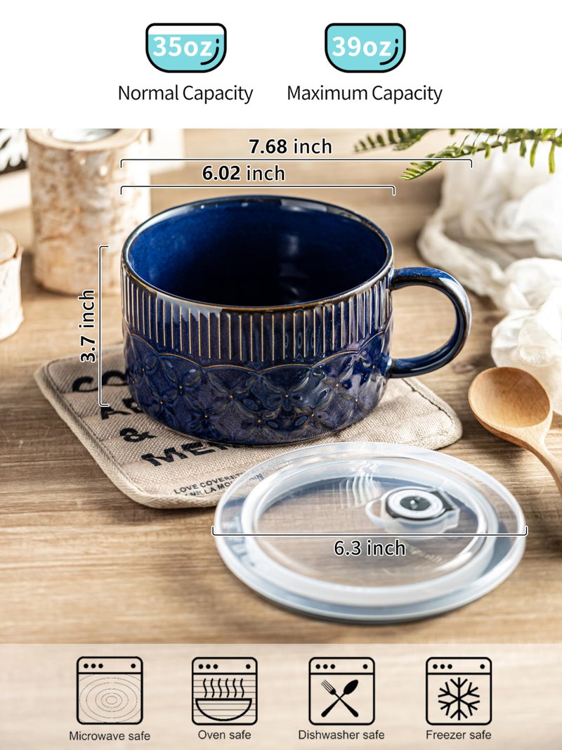 Gomakren Soup Bowl with Handle 39oz, Microwave Ramen Bowl with Lid, Ceramic Soup Container Mug Cup for Ramen Cereal Office Lunch Dorm, Cobalt Blue - Image 2