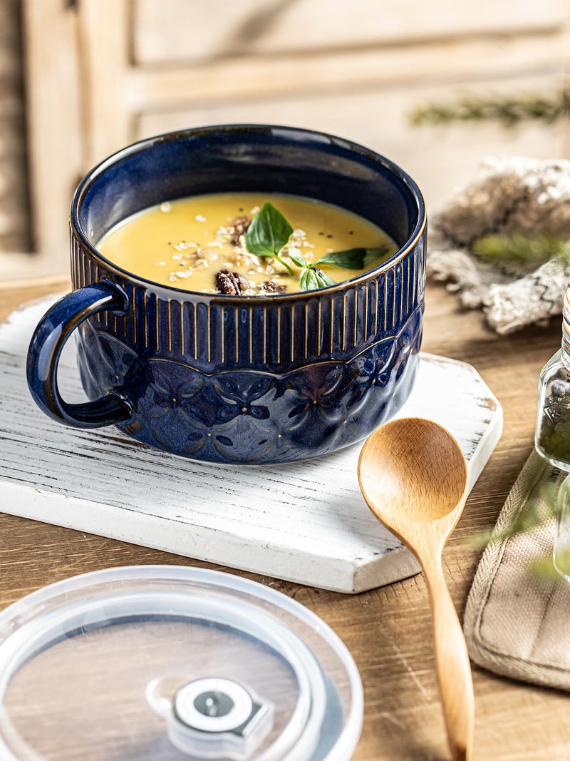 Gomakren Soup Bowl with Handle 39oz, Microwave Ramen Bowl with Lid, Ceramic Soup Container Mug Cup for Ramen Cereal Office Lunch Dorm, Cobalt Blue - Image 5