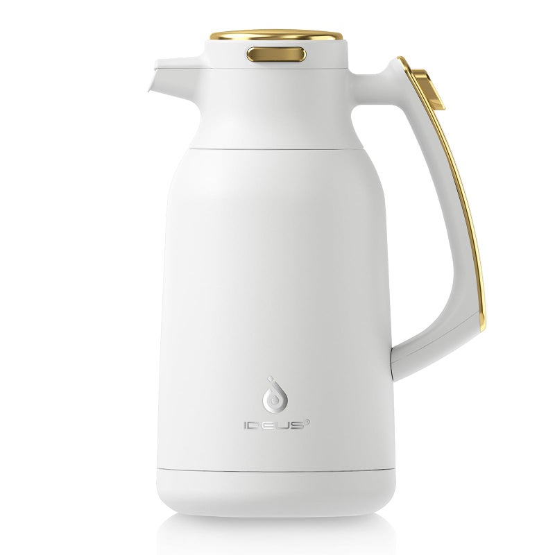 IDEUS Thermal Coffee Carafe 68oz (2,000ml), Stainless Steel Double Wall Insulated Vacuum Flask, Water Jug Coffee Server and Beverage Dispenser, Heat and Cold Retention (White-Gold, 68oz (2,000ml)) - Image 1