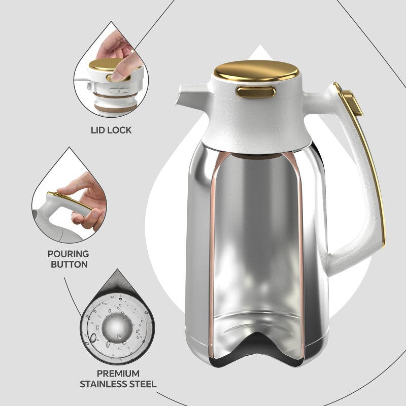 IDEUS Thermal Coffee Carafe 68oz (2,000ml), Stainless Steel Double Wall Insulated Vacuum Flask, Water Jug Coffee Server and Beverage Dispenser, Heat and Cold Retention (White-Gold, 68oz (2,000ml)) - Image 3