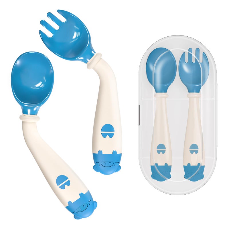Deejoy Toddler Utensils, Self-feeding Flatware Set withTravel Case, Baby Spoons and Forks with Silicone Bendable Handle, Easy Grip Heat-Resistant, Ideal for Kids, Stage 2, Blue - Image 1