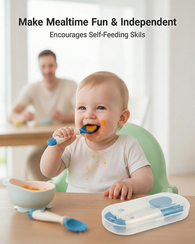 Deejoy Toddler Utensils, Self-feeding Flatware Set withTravel Case, Baby Spoons and Forks with Silicone Bendable Handle, Easy Grip Heat-Resistant, Ideal for Kids, Stage 2, Blue - Image 4