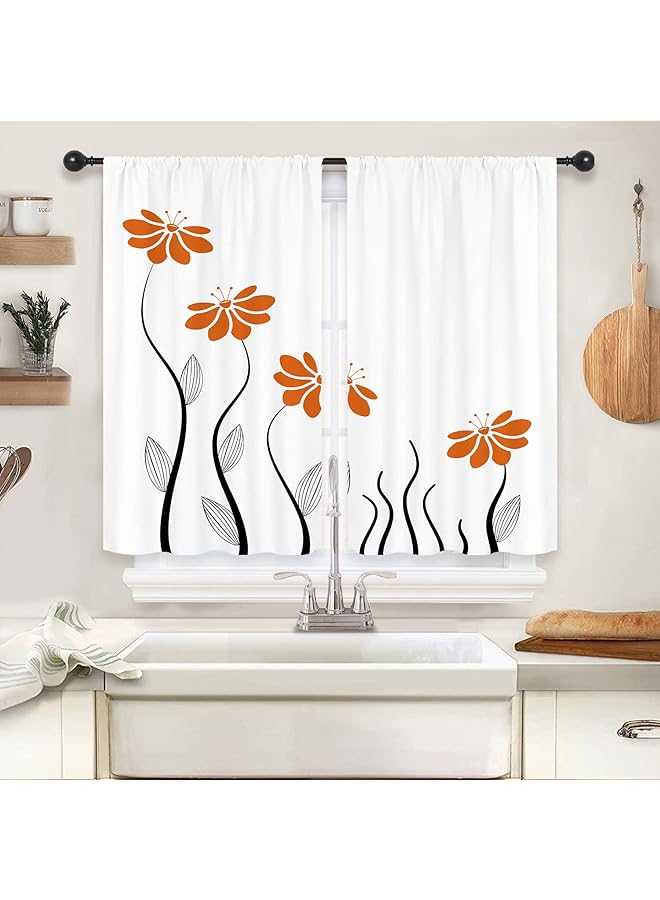 erorex Orange Flower Kitchen Curtains 27.5X39 Inch Floral Petals Rod Pocket Leaves Lines Modern Woman Girl White Plant Printed Living Room Bedroom Window Drapes Treatment Fabric 2 Panels - Image 2
