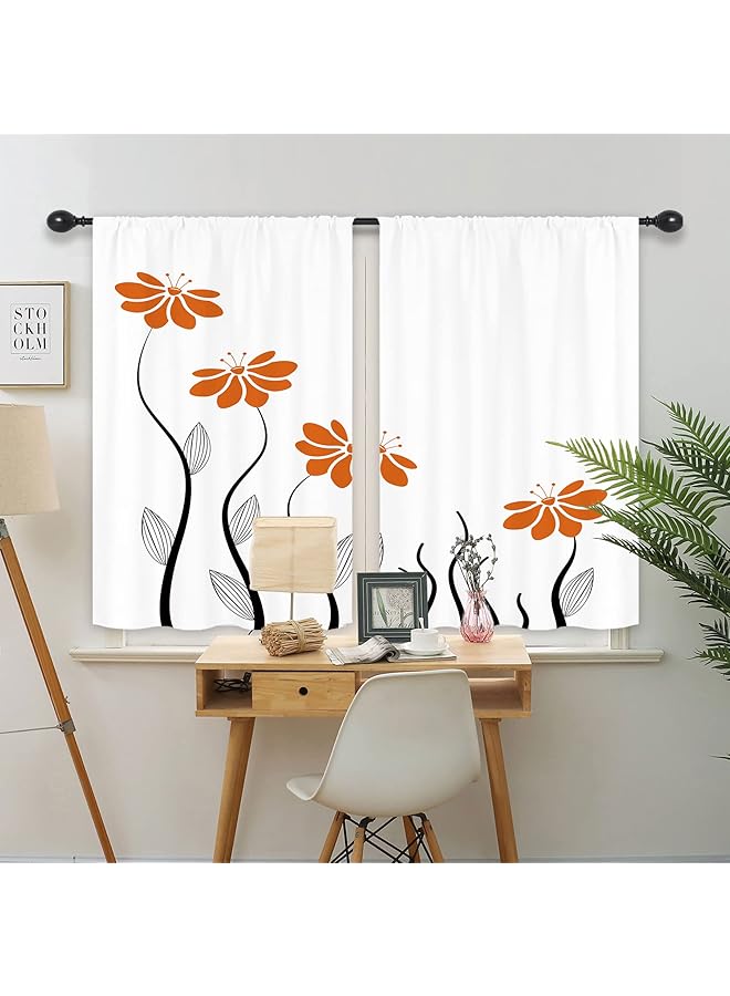 erorex Orange Flower Kitchen Curtains 27.5X39 Inch Floral Petals Rod Pocket Leaves Lines Modern Woman Girl White Plant Printed Living Room Bedroom Window Drapes Treatment Fabric 2 Panels - Image 3
