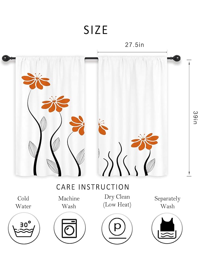 erorex Orange Flower Kitchen Curtains 27.5X39 Inch Floral Petals Rod Pocket Leaves Lines Modern Woman Girl White Plant Printed Living Room Bedroom Window Drapes Treatment Fabric 2 Panels - Image 4