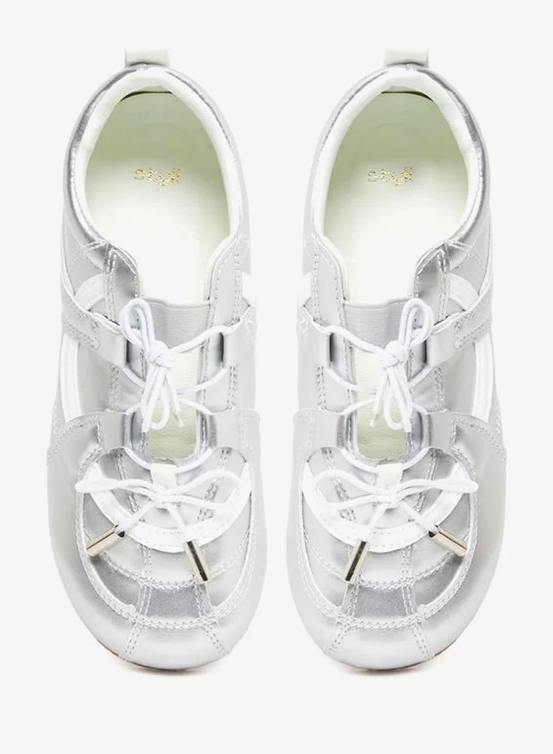 Styli Active Silver Silver Metallic Lace Up Sneakers for Women | Best Price UAE