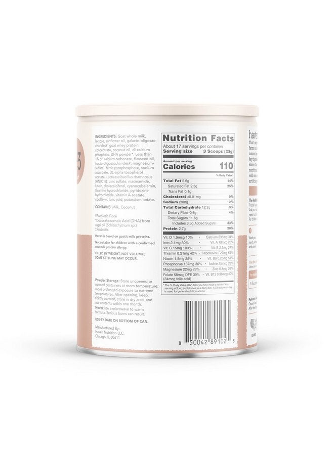 HAVEN Haven Goat Toddler Formula | 1 to 3 Years | Premium New Zealand Forage-fed Goat Whole Milk Toddler Formula | Wholesome Goodness | Gentle on Tiny Tummies | Immune Support | Prebiotics, Probiotics, DHA, Lutein | Non GMO | No Palm Oil | 14.1 oz - Image 2