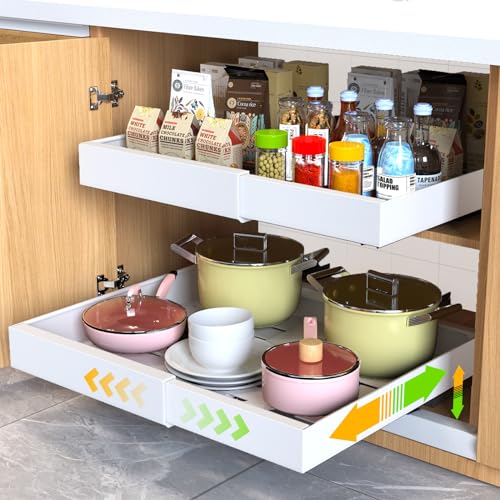 Mlinavn 2 Pack Pull Out Cabinet Organizer 21" Deep Expandable Slide Out Drawer Organizers,No Drill Pull Out Drawers Adhesive with Nano Compatible Framed Cabinets Shelves For Kitchen Pantry Adjustable Width - Image 1