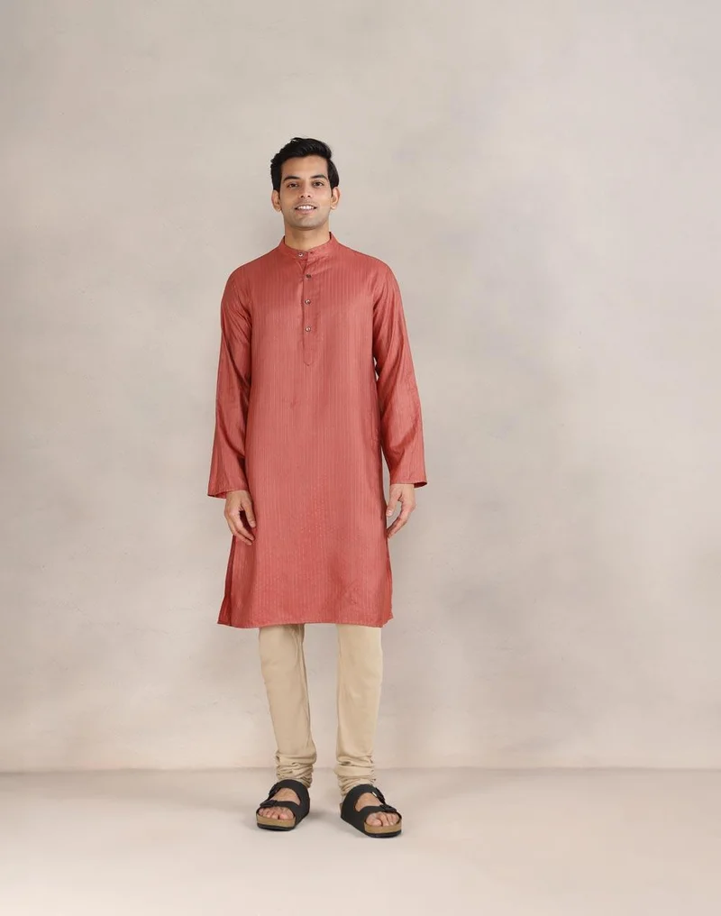 Fabindia Orange Viscose Blend Dobby Slim Fit Long Kurta