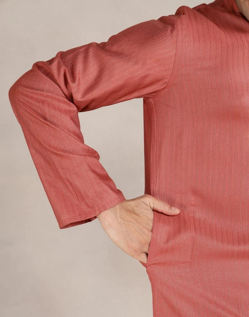 Fabindia Orange Viscose Blend Dobby Slim Fit Long Kurta