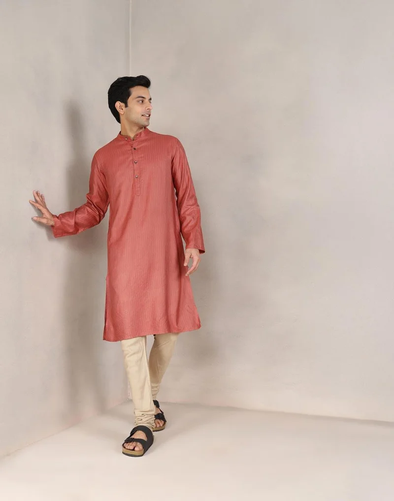 Fabindia Orange Viscose Blend Dobby Slim Fit Long Kurta