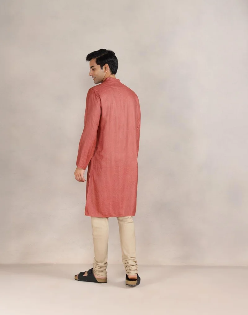 Fabindia Orange Viscose Blend Dobby Slim Fit Long Kurta