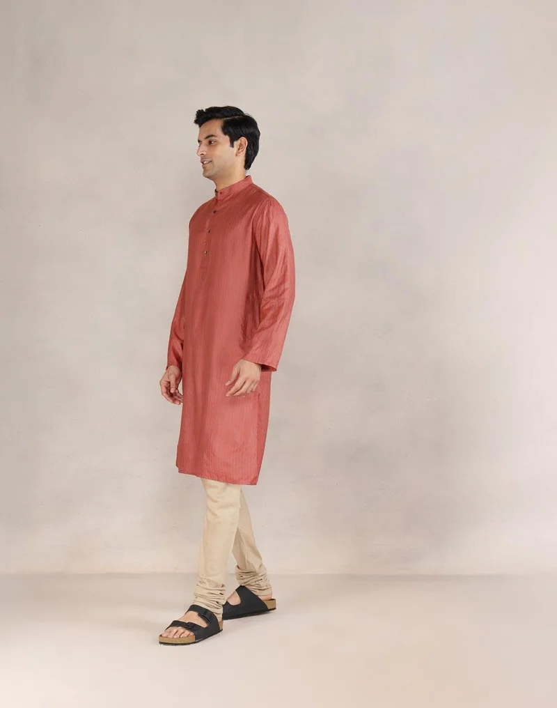 Fabindia Orange Viscose Blend Dobby Slim Fit Long Kurta