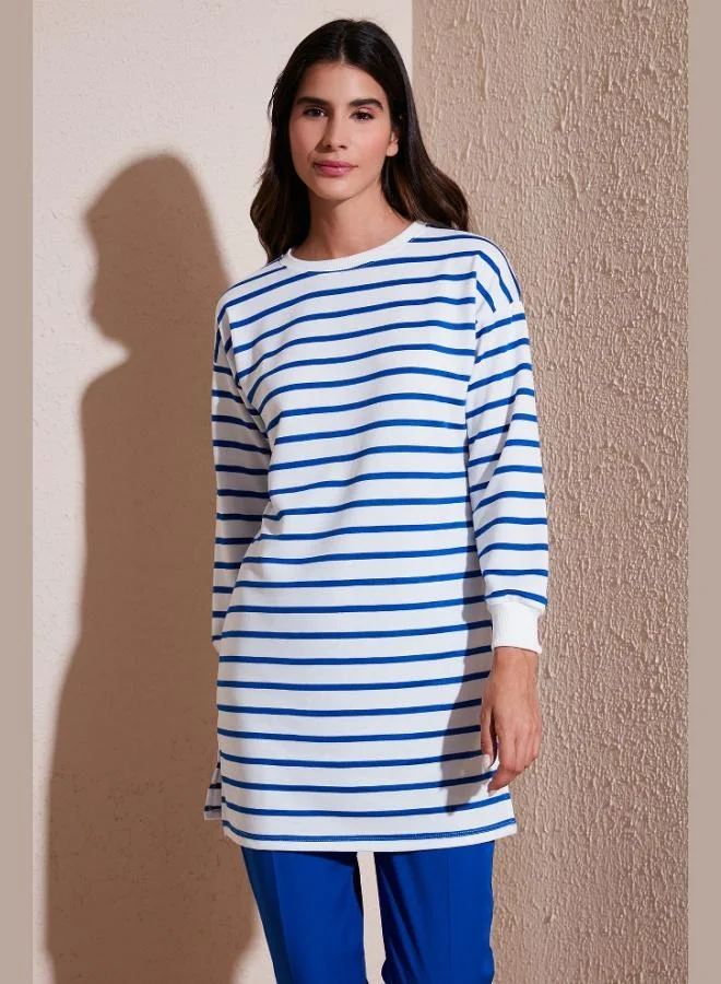 Lela Lela Modest Striped Cotton Regular Fit Crew Neck Tunic Women's TUNIC 5865784