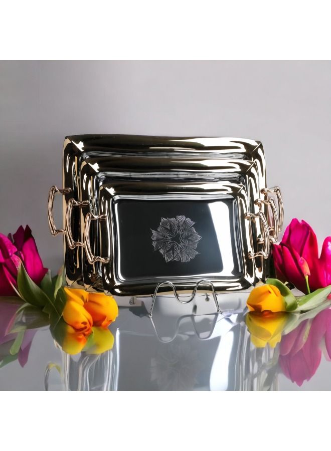 سوليتير طقم 3 قطع صواني تقديم مطلي بالكروم مع مقابض ذهبية من سوليتير - Image 4