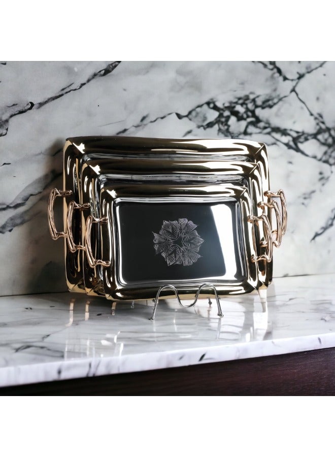 سوليتير طقم 3 قطع صواني تقديم مطلي بالكروم مع مقابض ذهبية من سوليتير - Image 1