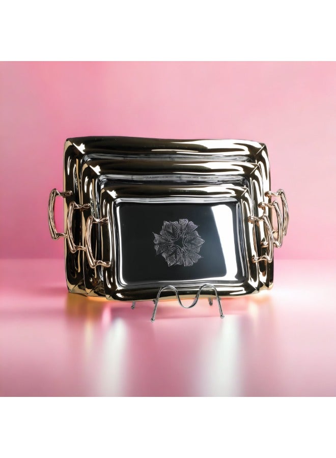 سوليتير طقم 3 قطع صواني تقديم مطلي بالكروم مع مقابض ذهبية من سوليتير - Image 3