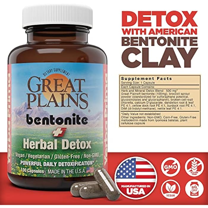 Yerba Prima Bentonite Clay Plus Herbal Detox, 100 Veg Capsules - Food Grade Clay from The Great Plains, USA - Colon & Liver Cleanse Supplement with Calcium Clay - Image 2
